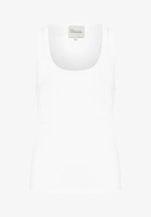 Bela majica na bretele iz mehkega bombaža. Ima širok okrogel izrez in ozke naramnice. Preprost, oprijet kroj brez vzorcev.