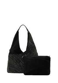 Geantă din material textil negru, cu o formă largă și relaxată, având aplicații metalice dispuse într-un model în spirale. Include un pouch detașabil cu fermoar.
