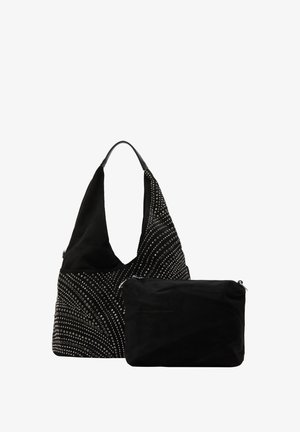 Borsa in tessuto nero con una forma ampia e morbida, caratterizzata da borchie metalliche disposte in un motivo a spirale. Include una pochette con zip staccabile.