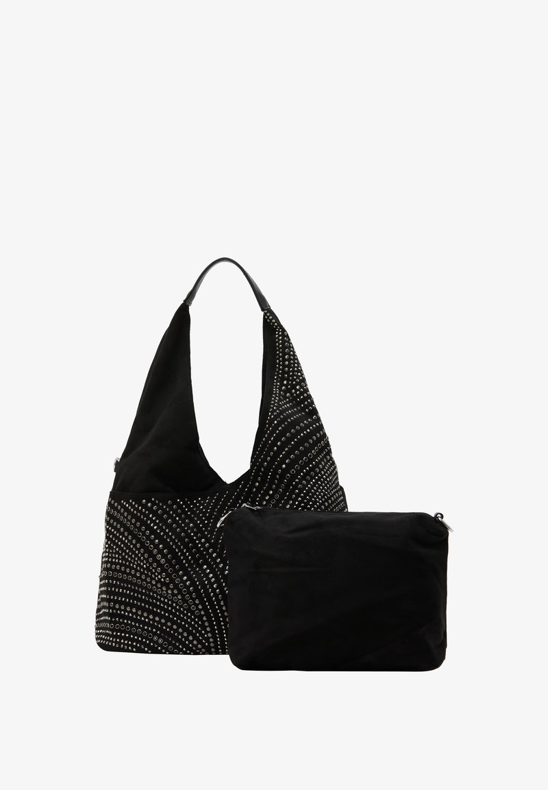 Black fabric bag with a wide, slouchy shape, featuring metallic studs in a swirling pattern. Includes a detachable zippered pouch.