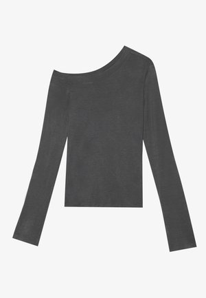 Haut gris à manches longues avec un design dénudé sur les épaules. Fabriqué en tissu doux avec une texture lisse et un ourlet droit.