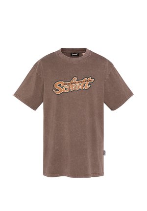 T-shirt marron en coton à manches courtes avec le logo « New York Schott » en orange et noir sur la poitrine, col rond et petite étiquette latérale.