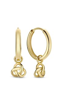 Gold hoop earrings with a smooth, polished finish, featuring a knotted charm hanging from each hoop. Simple and elegant design.