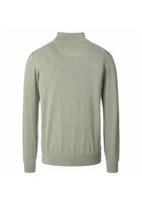 Lichtgrijze lange mouw gebreide trui met een hoge kraag, ribgebreide manchetten en een ribgebreide zoom, gezien vanuit de achterkant.