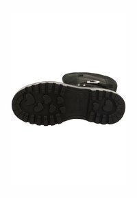 Schwarze Sohle aus Gummi mit strukturiertem Grip, ausgestattet mit herzförmigen Mustern. Glattes Material mit leichtem Glanz und verstärkten Kanten.