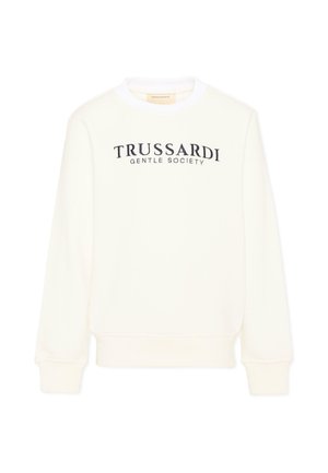 Biała bluza z długim rękawem z prążkowanymi mankietami i dołem, z czarnym napisem "TRUSSARDI GENTLE SOCIETY" na piersi.