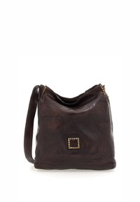Borsa a tracolla in pelle marrone scuro con un design morbido, decorata con borchie ornamentali, con un accent square frontale e una singola tracolla.