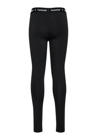 Schwarze Leggings aus dehnbarem Stoff mit figurbetontem Schnitt. Sie verfügen über einen breiten Bund mit weißer "hummel"-Markierung oben.