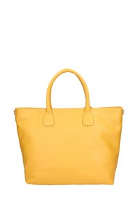 Gele leren schoudertas met een gestructureerde oppervlakte, dubbele handvatten bovenaan en ritsafsluiting. Eenvoudig ontwerp zonder extra hardware of patronen.