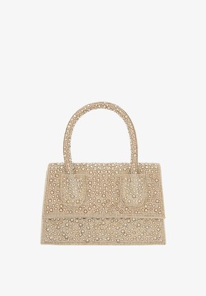 Perlenhandtasche mit strukturiertem Design, ausgestattet mit einer strukturierten Oberfläche aus goldfarbenen Perlen, zwei Griffen und einem Klappenverschluss mit zwei Fächern.