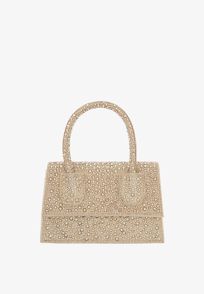 Perlenhandtasche mit strukturiertem Design, ausgestattet mit einer strukturierten Oberfläche aus goldfarbenen Perlen, zwei Griffen und einem Klappenverschluss mit zwei Fächern.