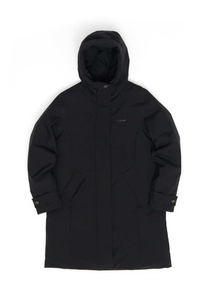 Schwarzer, mittel-langer Mantel mit Kapuze, ausgestattet mit Klappentaschen und Druckknopfmanschetten. Sanfte Textur mit einfachem Design und minimaler Markenkennzeichnung.