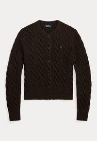 Mörkbrun kabelstickad cardigan med sex knappar, rund halsringning samt ribbad nederkant och manschetter, med en liten logotyp på vänster bröst.