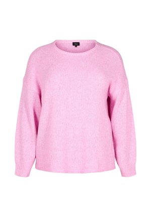 Pink knitted sweater with a round neckline, dropped shoulder seams, and relaxed fit. Features ribbed cuffs and hem for added texture.