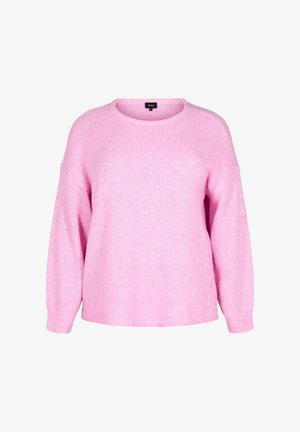 Suéter de punto rosa con un escote redondeado, costuras de hombro caídas y un ajuste relajado. Presenta puños y dobladillo acanalados para mayor textura.