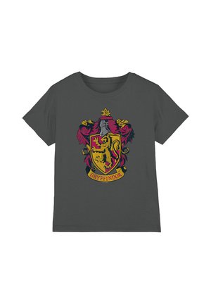 Dark gray short-sleeve t-shirt featuring a yellow and red Gryffindor house crest with a lion and decorative elements.