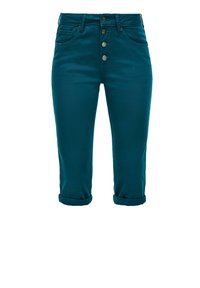 Spodnie jeansowe w kolorze zielonkawoniebieskim, krótkie, z wysokim stanem, zapinane na pięć guzików, z podwiniętymi mankietami i czterema kieszeniami, wykonane z rozciągliwej tkaniny bawełnianej.