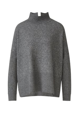 Pull à col roulé gris en tissu tricoté, avec une coupe décontractée, un ourlet côtelé et des manches larges avec des bords côtelés.