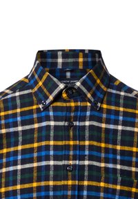 Flanellhemd mit navyfarbigem Grundton und kariertem Muster in Gelb, Grün, Blau und Weiß, mit Button-Down-Kragen und glatter Textur.