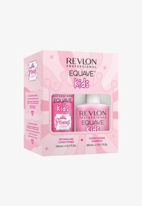 Revlon Equave Kids -setti on vaaleanpunaisessa pakkauksessa, jossa on leikkisä kruunukuvio. Settiin sisältyy 200 ml takkutusten ehkäisyyn tarkoitettua hoitoainetta ja 300 ml shampooa.