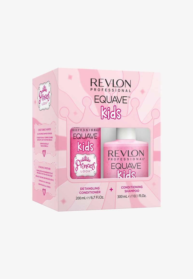 Revlon Equave Kids-setet har rosa förpackning med en lekfull krona som design. Innehåller en 200 ml utredande balsam och en 300 ml schampo.