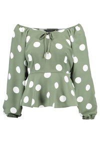 Top verde senza spalle con maniche lunghe, polsi arricciati, dettaglio con fiocco all'collo e pois bianchi su tutta la superficie. Design con orlo a peplo.