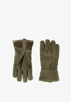 Olivengrüne Lederhandschuhe mit braunen Akzenten, Fingermuster und elastischen Handgelenken für eine enge Passform. Weicher Stoff, strapazierfähiges Material.
