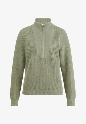 Jasnozielony, dziany sweter z wysokim kołnierzem, półzamkiem, ściągaczami przy mankietach i dolnej krawędzi, z fakturowanymi wzorami na ramionach.
