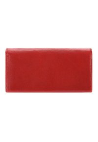 Portefeuille en cuir rouge avec une texture lisse, de forme rectangulaire et bords arrondis. Présente des coutures le long du périmètre pour un renforcement.