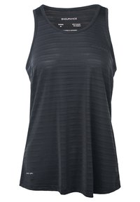 Svart träningslinne gjort av 92 % polyester och 8 % elastan. Har en subtil randig textur och en "Snabbtork"-etikett vid fållen.