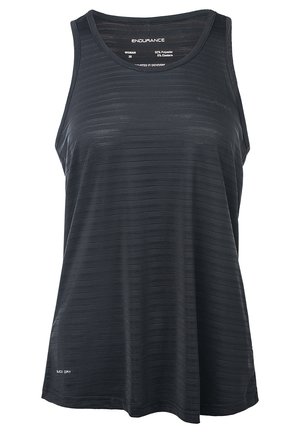 Sort atletisk tanktop lavet af 92% polyester og 8% elastan. Har en subtil stribet tekstur og et "Quick Dry"-mærke ved kanten.