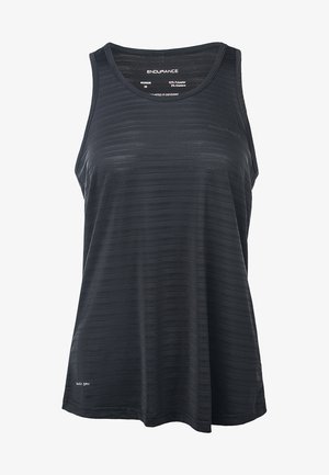 Sort atletisk tanktop lavet af 92% polyester og 8% elastan. Har en subtil stribet tekstur og et "Quick Dry"-mærke ved kanten.