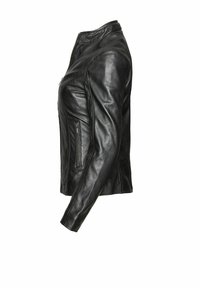 Black leather jacket featuring a fitted design, standing collar, and zippered side pockets. Smooth texture with minimalist stitching details.
