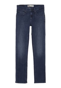 Jeans skinny azul oscuro de denim con un corte clásico, que cuentan con dos bolsillos delanteros, un bolsillo para monedas y cinco trabillas para el cinturón.