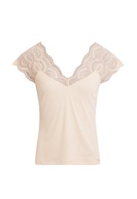Lys beige top med blondekapper og V-udskæring, der har en ribbet tekstur og delikate blonde mønstre langs ærmerne.