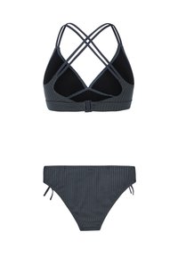Dunkelgraues Bikini-Set mit gerippter Textur. Das Oberteil verfügt über verstellbare, überkreuzte Träger und einen Hakenverschluss; der Slip hat Seitenschnüre.