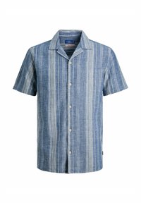 Short-sleeve button-up shirt with vertical blue and white stripes and a camp collar, displayed on a white background.