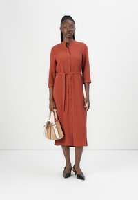 Robe midi de couleur rouille avec un devant à boutons, des manches trois-quarts et une ceinture assortie. Le modèle tient un sac à main multicolore et porte des talons noirs pointus.