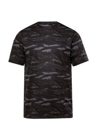 Zwarte t-shirt met een gestructureerd donkergrijs wolkenpatroon, korte mouwen en een ronde hals. Gemaakt van lichte, ademende stof.