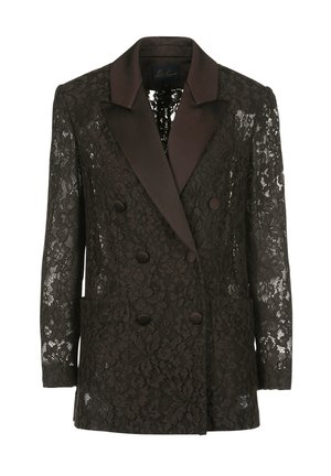 Blazer en dentelle noire avec un col châle en satin, devant double boutonnage et deux poches plaquées, mettant en valeur des motifs floraux.