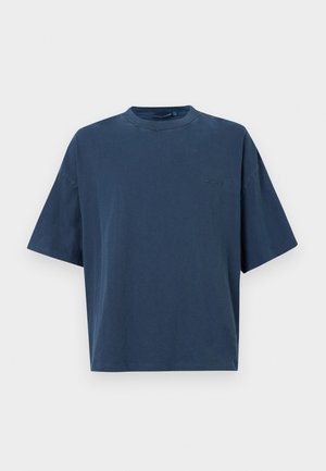 T-shirt a maniche corte blu navy in cotone con vestibilità comoda, caratterizzato da un collo rotondo e una leggera logo sulla parte frontale.
