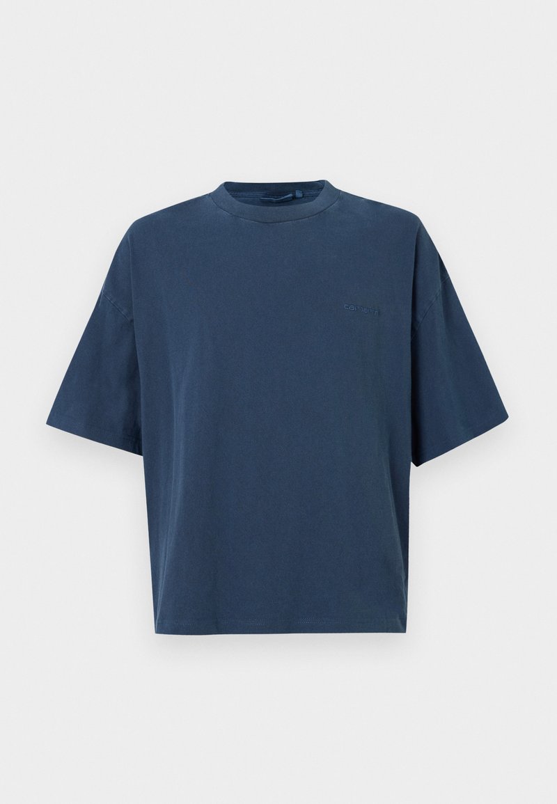 Camiseta de algodón azul marino de manga corta con un corte holgado, que presenta un escote redondeado y un sutil logotipo en la parte delantera.