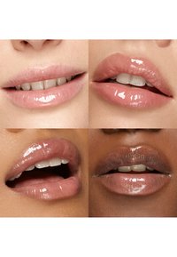 Vier close-up weergaven van diverse lippen met een heldere, glanzende lippenbalsem, met lichte glimlachen en gespreide lippen op verschillende huidtinten.