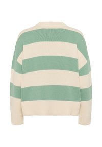 Stripet strikket sweater med mintgrønne og off-white vandrette striber, brede ribbede manchetter og en afslappet pasform med rund halsudskæring.