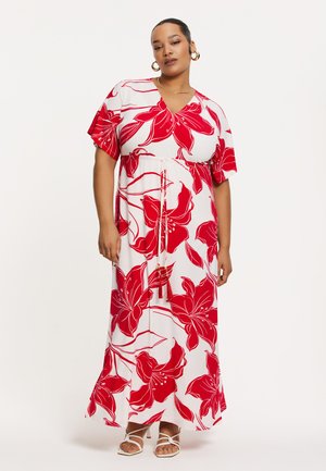 Robe maxi avec un fond blanc, imprimé floral rouge, manches courtes et taille à cordon. Présente un décolleté en V et un ourlet fluide.