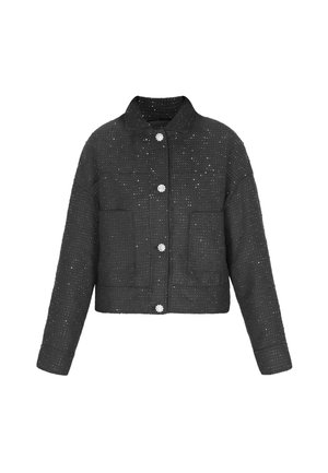 Jachetă din tweed negru cu un design scurt, având un guler mandarin, buzunare frontale și accente din butoni argintii. Material texturat cu sclipici subtil.