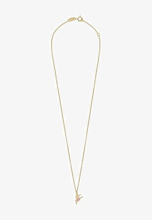 Guldtonet halskæde med en delikat kæde og en lille vedhæng formet som en kanin, prydet med en pink akcentsten.