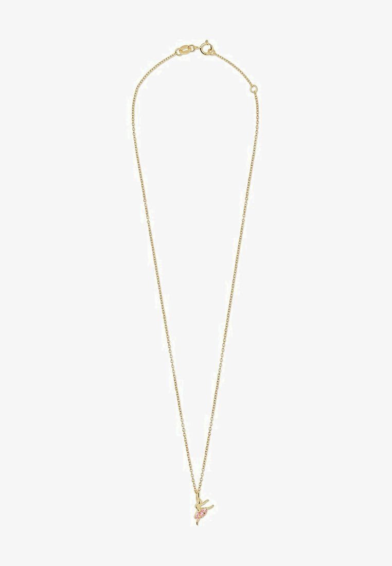 Guldtonet halskæde med en delikat kæde og en lille vedhæng formet som en kanin, prydet med en pink akcentsten.