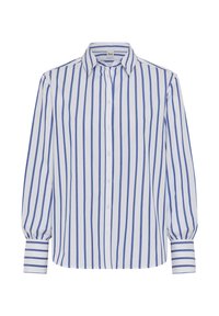 Witte button-up shirt met smalle blauwe verticale strepen, met een klassieke kraag, opgeblazen lange mouwen en gestreepte manchetten.