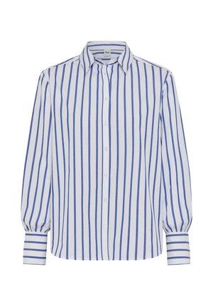 Witte button-up shirt met smalle blauwe verticale strepen, met een klassieke kraag, opgeblazen lange mouwen en gestreepte manchetten.